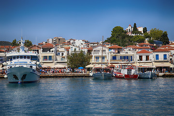 Image showing Skiathos, Greece - August 17, 2017: Panoramic view over the port