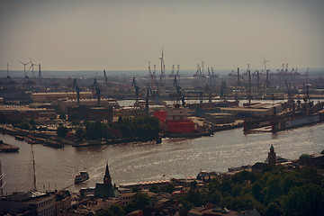 Image showing Hamburg, Germany - July 28, 2014: View of port of Hamburg harbor