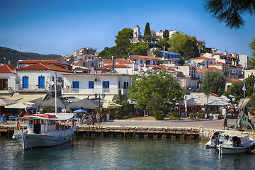 Image showing Skiathos, Greece - August 17, 2017: Panoramic view over the port