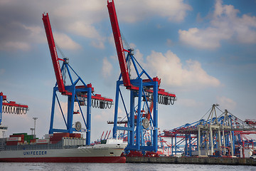 Image showing Hamburg, Germany - July 28, 2014: View of port of Hamburg harbor