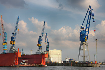 Image showing Hamburg, Germany - July 28, 2014: View of port of Hamburg harbor