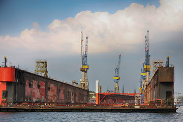 Image showing Hamburg, Germany - July 28, 2014: View of port of Hamburg harbor