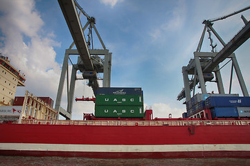 Image showing Hamburg, Germany - July 28, 2014: View of port of Hamburg harbor