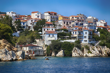 Image showing Skiathos, Greece - August 17, 2017: View from boat Skiathos town