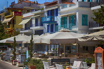 Image showing Skiathos, Greece - August 17, 2017: The town front and the seafr