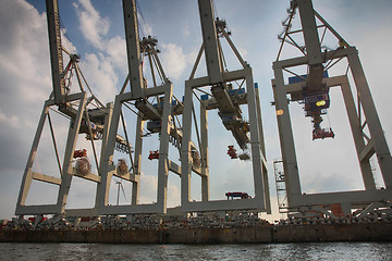 Image showing Hamburg, Germany - July 28, 2014: View of port of Hamburg harbor