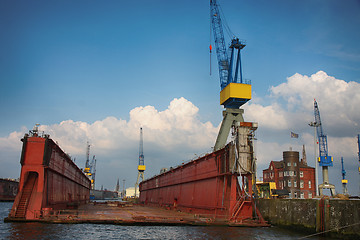 Image showing Hamburg, Germany - July 28, 2014: View of port of Hamburg harbor