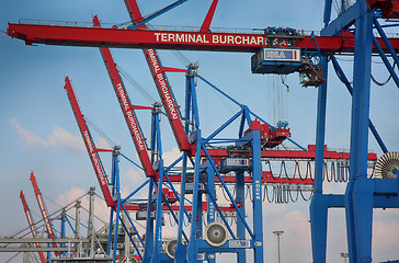 Image showing Hamburg, Germany - July 28, 2014: View of port of Hamburg harbor