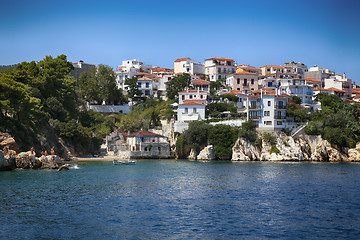 Image showing Skiathos, Greece - August 17, 2017: View from boat Skiathos town