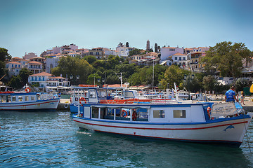 Image showing Skiathos, Greece - August 17, 2017: Panoramic view over the port