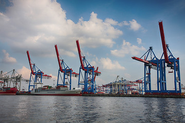 Image showing Hamburg, Germany - July 28, 2014: View of port of Hamburg harbor