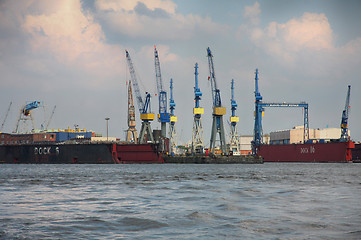 Image showing Hamburg, Germany - July 28, 2014: View of port of Hamburg harbor