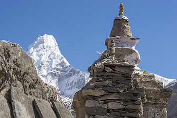 Image showing Buddhist stupa and Ama Dablam summit in Khumbu region