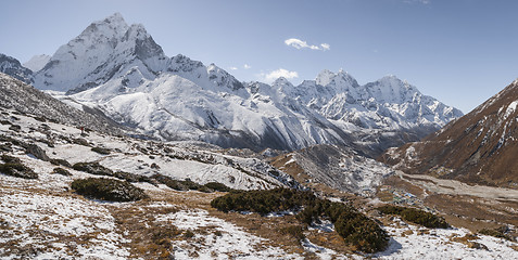 Image showing Ama Dablam peak or summit and Pheriche valley in Himalayas