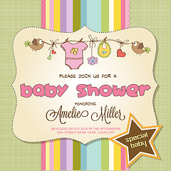 Image showing Baby shower card with baby clothings