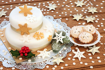 Image showing Iced Christmas Cake and Mince Pies