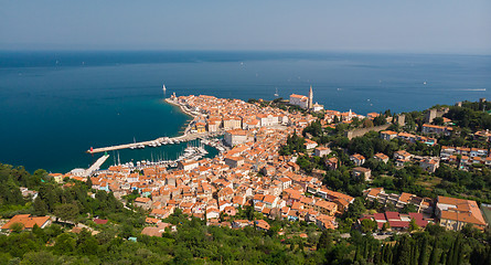 Image showing Aerial view of old town Piran, Slovenia, Europe. Summer vacations tourism concept background.