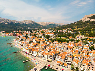 Image showing Aerial panoramic view of Baska town, popular touristic destination on island Krk, Croatia, Europe