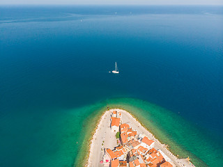 Image showing Aerial view of old town Piran, Slovenia, Europe. Summer vacations tourism concept background.