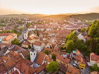 Image showing Aerial view of old medieval city center of Ljubljana, capital of Slovenia.