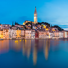 Image showing Colorful sunset of Rovinj town, Croatian fishing port on the west coast of the Istrian peninsula.