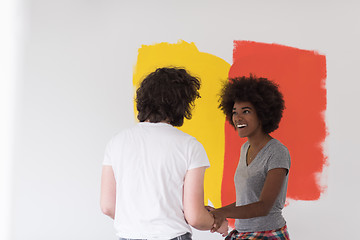 Image showing multiethnic couple painting interior wall