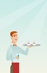 Image showing Waiter holding tray with cups of coffeee or tea.