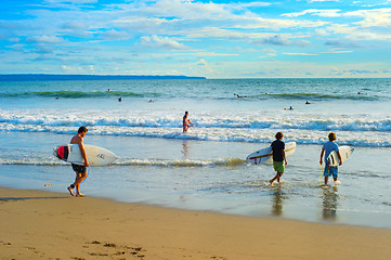 Image showing Surfing on Bali. Many surfers