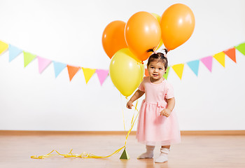 Image showing happy baby girl with balloons on birthday party