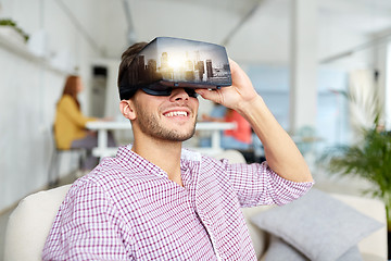 Image showing happy man with virtual reality headset at office