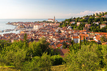 Image showing Panoramic view of old town Piran, Slovenia, Europe. Summer vacations tourism concept background.