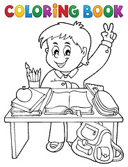 Image showing Coloring book boy behind school desk