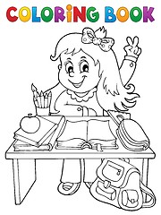 Image showing Coloring book girl behind school desk