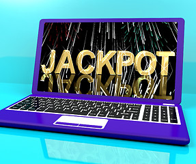 Image showing Jackpot Word With Fireworks On Laptop Showing Winning