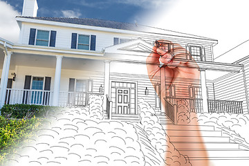 Image showing Male Hand Sketching with Pencil the Outline of a House with Phot