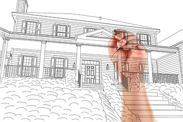 Image showing Male Hand Sketching with Pencil the Outline of a Beautiful House