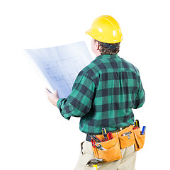 Image showing Male Contractor with Hard Hat and Tool Belt Looking Away Isolate