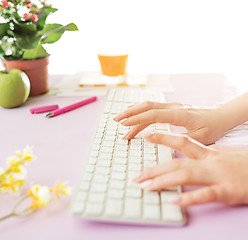 Image showing Woman and fruit diet while working on computer in office