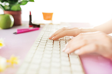 Image showing Woman and fruit diet while working on computer in office