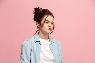 Image showing Beautiful bored woman bored isolated on pink background