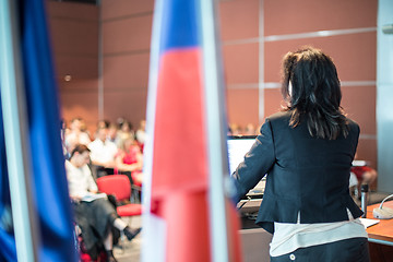 Image showing Public speaker giving talk at Business Event.