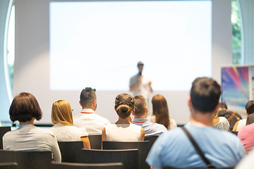 Image showing Business speaker giving a talk at business conference event.