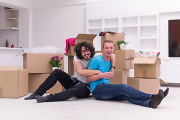 Image showing young  gay couple moving  in new house