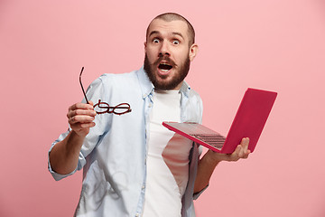 Image showing Businessman hugging laptop