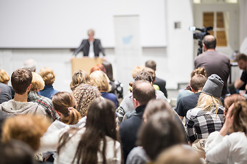 Image showing Business speaker giving a talk at business conference event.