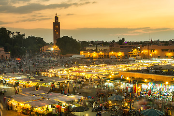 Image showing Jamaa el Fna market square in sunset, Marrakesh, Morocco, north Africa.