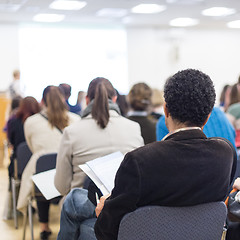 Image showing Woman giving presentation on business conference.