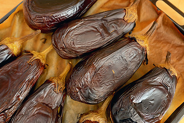 Image showing Roasted eggplants in oven tray