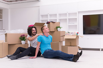 Image showing young  gay couple moving  in new house