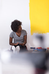 Image showing back female painter sitting on floor